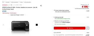 Epson EcoTank ET-2865 all-in-one A4 inkjetprinter met wifi (3 in 1) voor €119 na cashback bij de Mediamarkt