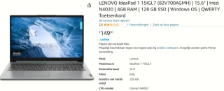 Lenovo IdeaPad 1 Celeron N4020, 4GB DDR4/128GB SSD voor €149 bij Amazon