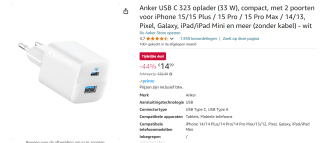Anker 323 Charger (33W) White voor €14,99 bij Amazon