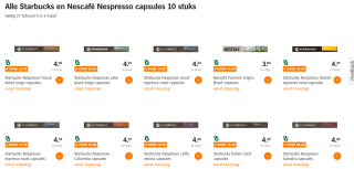 Alle Starbucks en Nescafé Nespresso capsules 10 stuks, 4 voor €10 bij de AH