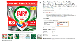 105 capsulas Fairy Platinum Plus Todo en Uno Pastillas Lavavajillas por 20,52€