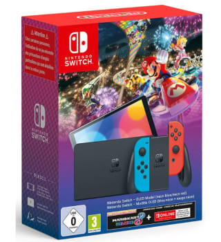 Nintendo Switch OLED Neon bundel + Mario Kart 8 Deluxe + Nintendo Switch Online 3 maanden voor €329 bij Game Mania