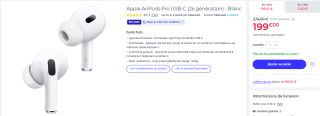 Ecouteurs sans fil Apple Airpods Pro (2e génération) - USB-C à 199€