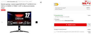 Monitor gaming Lenovo Legion R27fc-30, 27", Full-HD, 0.5 ms, 240 Hz por 169,99€ (newsletter por 159,99€)