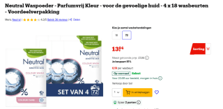 Neutral Waspoeder Parfumvrij Kleur - 4 x 18 wasbeurten - 72 wasbeurten voor €13,95 bij Bol