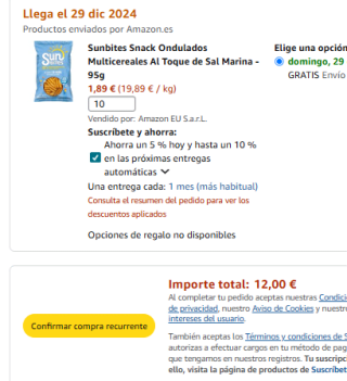 10 bolsas Sunbites Snack Ondulados Multicereales Al Toque de Sal Marina - 95g por 12€