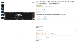 SSD Crucial P5 Plus NVMe M.2 2TB por $2,121 en Amazon