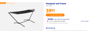 Hangmat met frame 290 x 100 cm voor €39,95 bij de Action