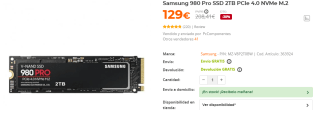 Disco duro Samsung 980 Pro SSD 2TB PCIe 4.0 por 129€