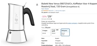 Bialetti Percolator Venus - 6 kops - Roestvrijstaal voor €26,43 bij Amazon