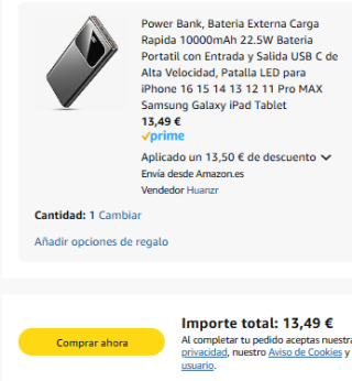 Bateria Externa Carga Rapida 10000mAh 22.5W por 13,49€
