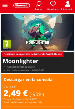 Moonlighter Nintendo Switch por 2,49€.
