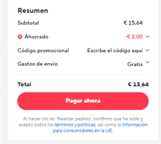 Nuevo cupón 2€ descuento en pedidos superiores a 10€