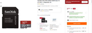 Sandisk Ultra MicroSDXC 64GB Clase 10 A1 UHS-I + Adaptador SD por 3,63€