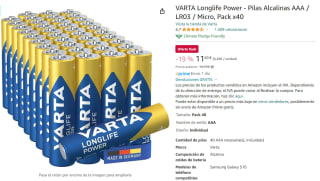 VARTA Longlife Power -Pilas Alcalinas AAA / LR03 / Micro, Pack x40 por 11,60€