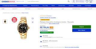 Relógio Masculino da Invicta, modelo analógico dourado - R$ 791,91