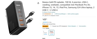 Baseus GaN PD-oplader, 100 W, 4 poorten, USB-C voor €37,49 bij Amazon