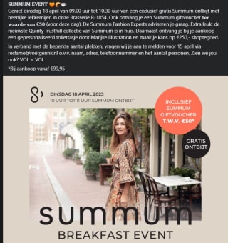 Gratis Summum ontbijt bij Brasserie R-1854 + voucher t.w.v. €50 bij Roetgerink in Enter op 18 april