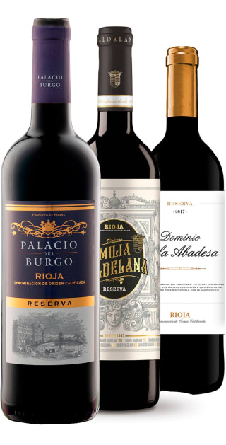 2 botellas de Palacio del Burgo Reserva 2019. Bodegas Burgo Viejo. D.O.Ca. Rioja. + 2 botellas de Familia Valdelana Reserva 2019. Bodega Valdelana. D.O.Ca. Rioja. + 2 botellas de Dominio de la Abadesa Reserva 2017. B. Ontañón. D.O.Ca. Rioja. por 35€