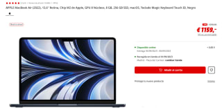 APPLE MacBook Air (2022), 13,6" Retina, Chip M2 de Apple, GPU 8 Núcleos, 8 GB, 256 GB SSD, macOS, Teclado Magic Keyboard Touch ID por 1159€