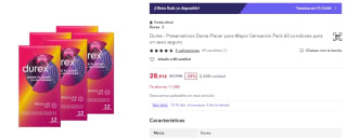 60 preservativos Durex Dame Placer por 28,91€ (cuenta nueva por 17,34€)