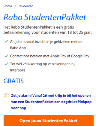 Ontvang bij het openen van een StudentenPakket een dagticket voor Pinkpop gratis