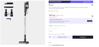 Aspirador escoba Taurus Ultimate Digital - Aut. 40min, 25.9V, 0.5L Brushless, Cepillo Luz LED, 20KPa por 107.09€ (Cuenta Nueva 95.09€)