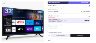 Smart TV 32 pulgadas Led HD, televisor Hey Google Official Assistant, control por voz - TD Systems K32DLC19GLE por 125.79€ (Cuenta Nueva 113.79€)