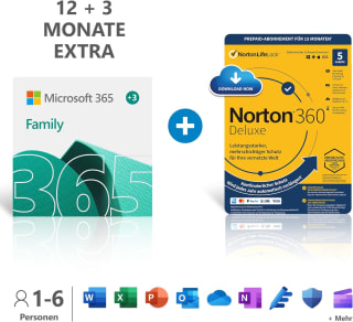 Microsoft 365 Family 15 maanden voor 6 gebruikers + NORTON 360 Deluxe voor €52,99 bij Amazon