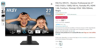 MSI Pro MP275 Monitor Profesional de 27" FHD por 99,99€
