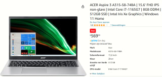 Acer Aspire 3 A315-58-74BA laptop voor €569,99 bij Amazon