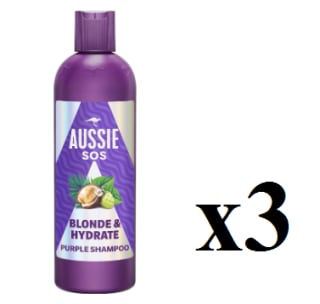 3 Botes de Aussie SOS Blonde & Hydrate Champú Morado 300ml Para Pelo Decolorado, Con Mechas Y Canas. Neutraliza Los Tonos Cobrizos Y Amarillos En Cabello Rubio, Con Reflejos Y Canas. Más Brillo Y Suavidad por 9.86€