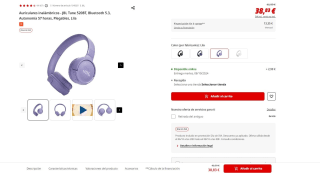 Auriculares inalámbricos marca JBL Tune 520BT varios colores a elegir por 38,83€