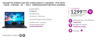 Portátil Gaming Gigabyte AORUS 16X 9SG-43ESC64SH i7-13650HX - RTX 4070 - 32GB - 1TB SSD - 16´´ - W11 por 1.299€