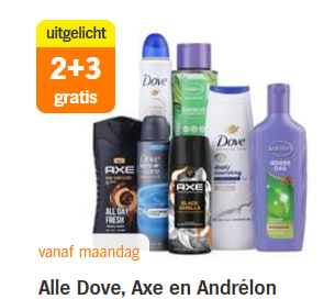Alle Dove, Axe en Andrélon 2+3 gratis bij de AH