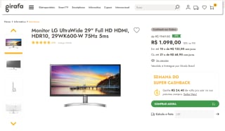 Monitor Gamer da LG, modelo UltraWide de 29 polegadas Full HD - R$ 1.098
