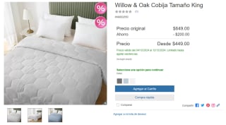Willow & Oak Cobija Tamaño King por $449 | Descuento Costco