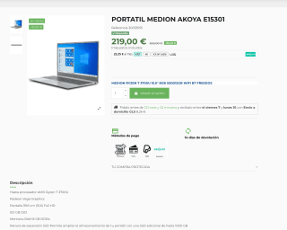 MEDION RYZEN 7 3700U 15.6" 8GB SSD512GB WIFI BT FREEDOS por 219€