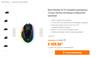 Razer Basilisk V3 Pro - Draadloze Gaming Muis voor €109,90 bij Nbb