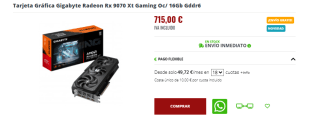 Tarjeta Gráfica Gigabyte Radeon Rx 9070 Xt Gaming Oc/ 16Gb Gddr6 por 715€