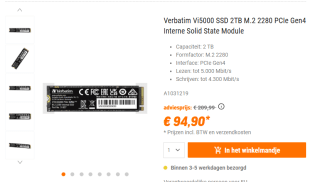 Verbatim VI5000 PCIE4 NVME M.2 SSD 2TB voor €96,50 bij Nbb