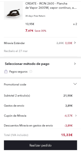 Pack de 2 IRON 2600 Plancha de Vapor 2600W por 15,33€.