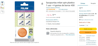 Sacapuntas Milan spin + 4 gomas de borrar 430 por 1,99€