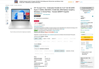 Portátil HP 15s-eq2117ns de 15.6" Full HD AMD Ryzen 5 5500U 8GB RAM 512GB SSD AMD Radeon Graphics por solo 429€