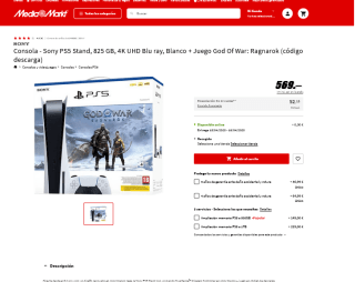 Consola Sony PS5 825GB 4K UHD Blu ray + Juego God Of War: Ragnarok por 569€