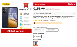 Realme 14T 5G Smartphone 8+256 GB voor €155,99 bij Aliexpress