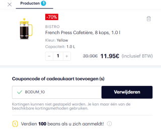 BODUM French Press Cafetière 1L voor €11,95 dmv code bij Bodum