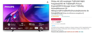 Televisor Philips 4K LED Ambilight TV|PUS8518|65 Pulgadas|UHD 4K TV|60Hz|P5 Picture Engine|HDR10+|Google Smart TV|Dolby Atmos por 649€
