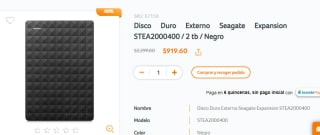 Disco duro externo Seagate de 2TB por $919