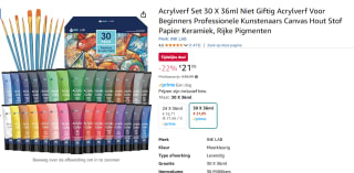 Acrylverf | Set 30 X 36ml Voor Beginners en Professionele Kunstenaars voor €21,05 bij Amazon
